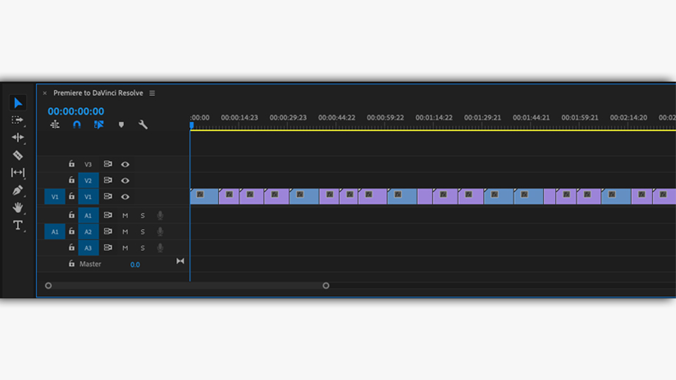 An Adobe Premiere Pro timeline after being flattened to prepare for export to Blackmagic DaVinci Resolve for color grading.