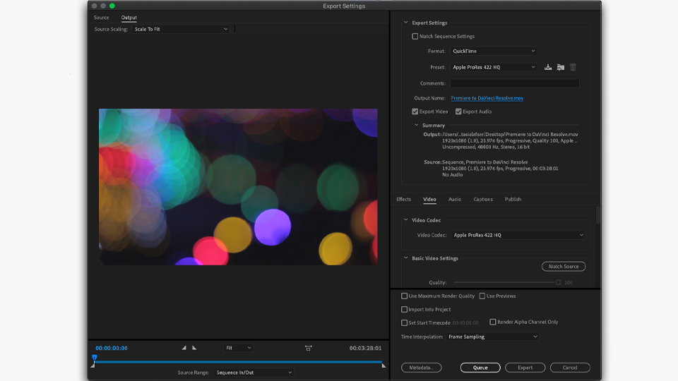 Export settings for a Premiere Pro to Blackmagic DaVinci Resolve roundtrip workflow using EDL.