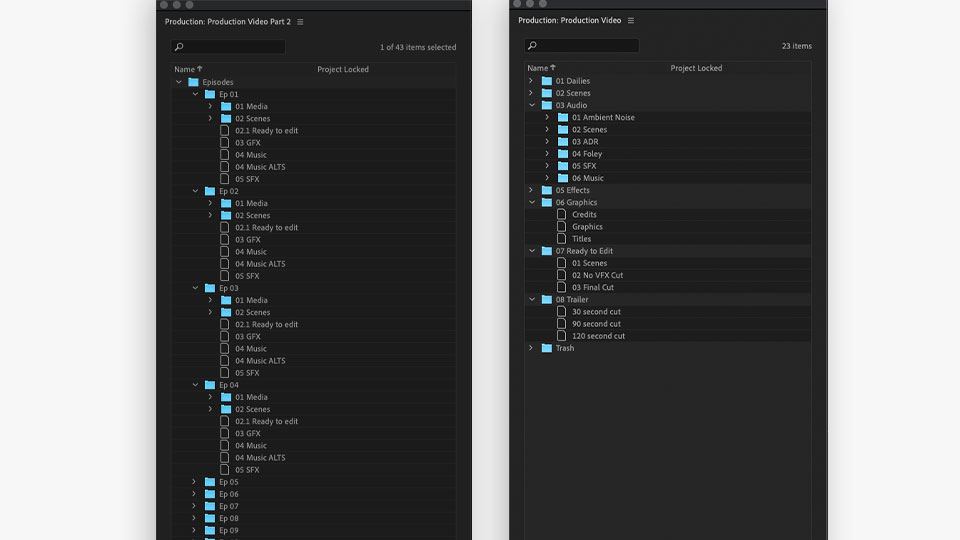 A screenshot of two different Premiere Pro Productions panels showing a set up for a feature film and episodic show.