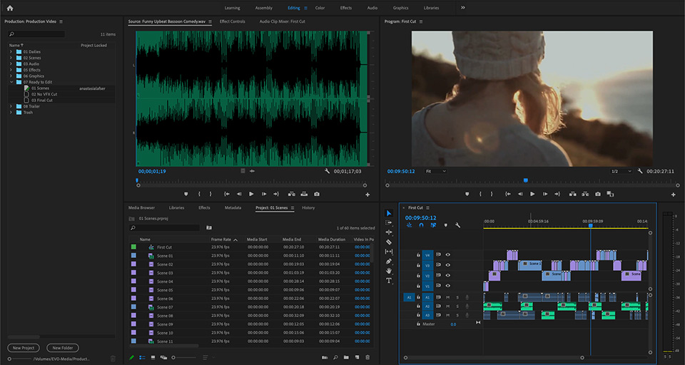 A screenshot of the new Productions workflow in Adobe Premiere