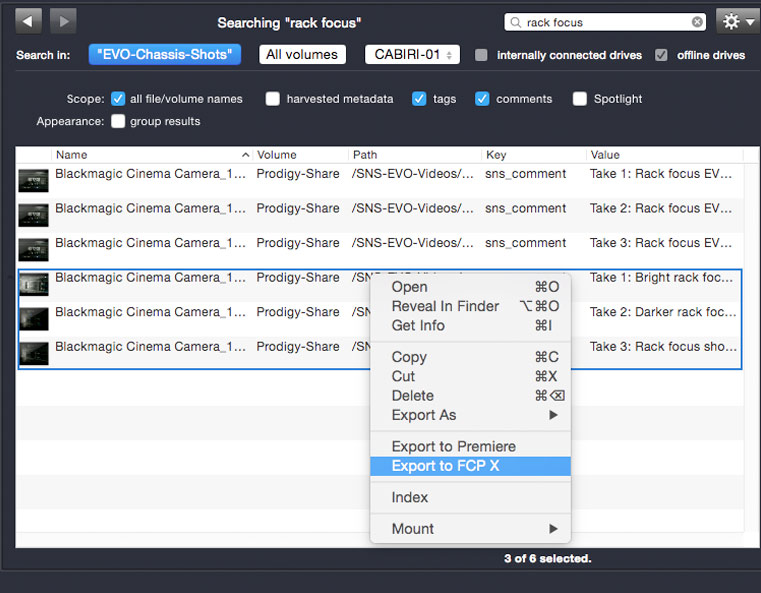 A screenshot demonstrating the Export to Final Cut Pro X feature after searching ShareBrowser’s database.