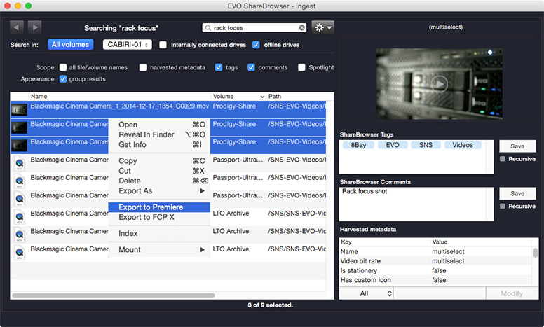 A screenshot of the Export to Premiere feature after a ShareBrowser search
