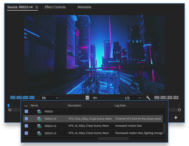 ShareBrowser tags and comments become log notes and descriptions inside of the Premiere Pro workspace.