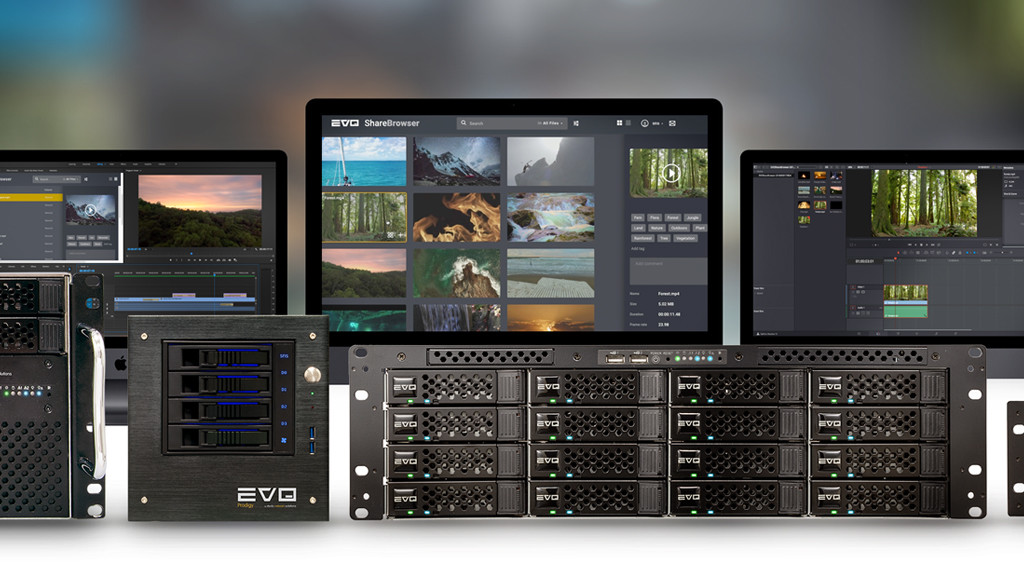 Image showing the EVO v6 hardware lineup and the latest updates to ShareBrowser, including AI autotagging, ShareBrowser for Adobe Premiere Pro, and export to DaVinci Resolve.