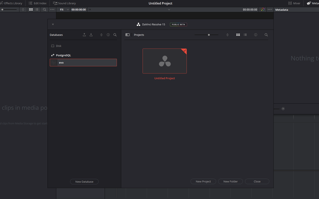 Screenshot of a hosted Resolve PostgreSQL database on EVO shared storage.