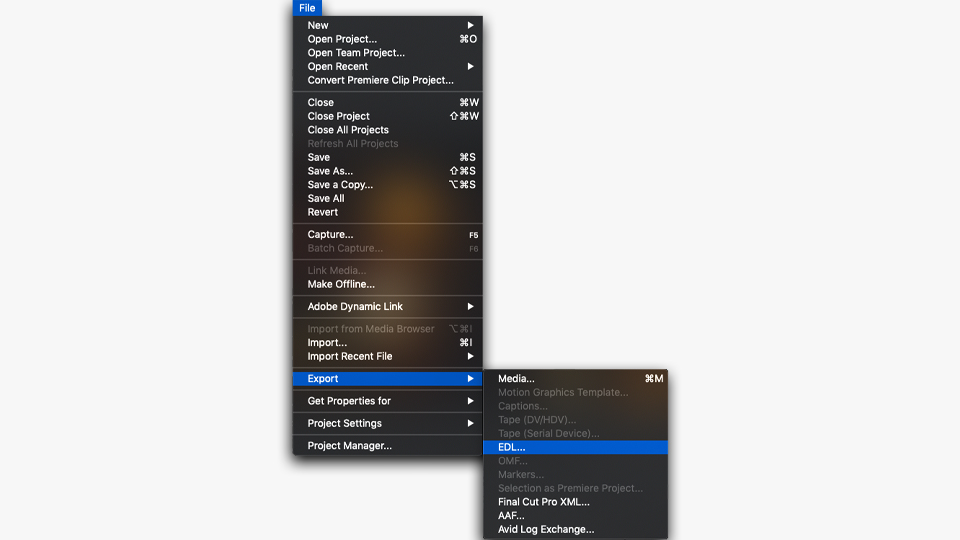 Menu selections for exporting an XML file for a Premiere Pro to DaVinci Resolve roundtrip.