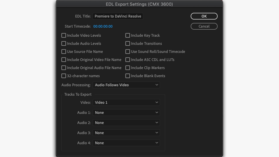 Premiere Pro's EDL export settings.
