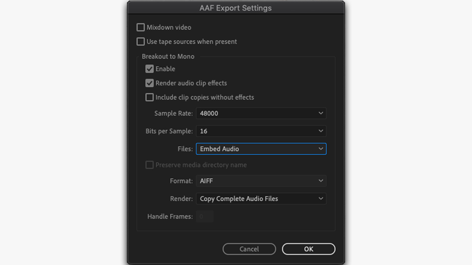 AAF export settings in Premiere Pro.