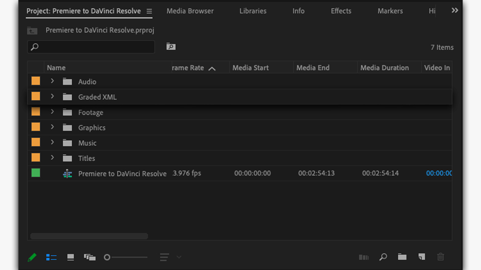 A new folder in the Premiere Pro project for the graded XML file.