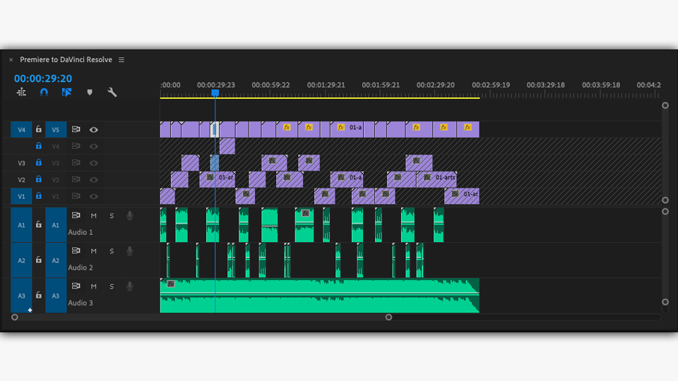 The view of the final timeline with the graded footage above the original cut in the Premiere Pro.