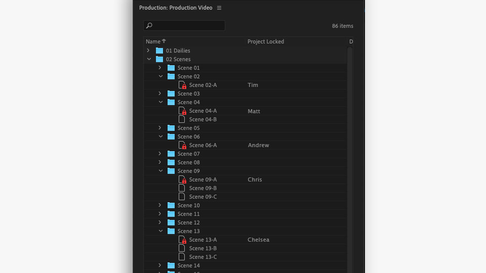 A screenshot illustrating multiple users working on different scenes in the same production.