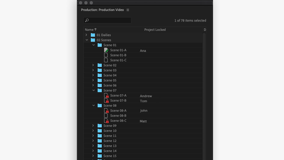 A screenshot of the new Adobe Productions panel showing multiple users working on different scenes of the same project. Read/write status and user names are displayed next to each project.