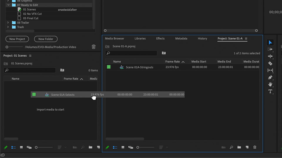 A screenshot of an editor sharing a sequence between two Premiere Pro projects inside of the same Production.