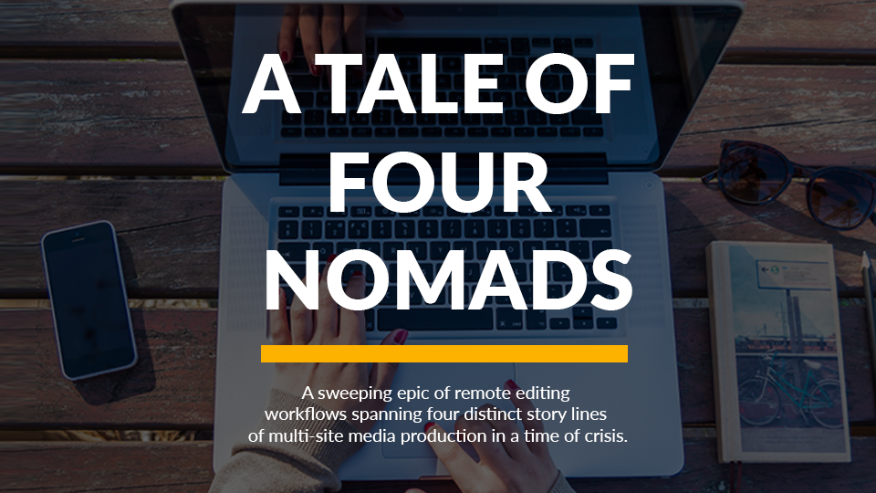 A Tale of Four Nomads title over outdoor laptop workstation