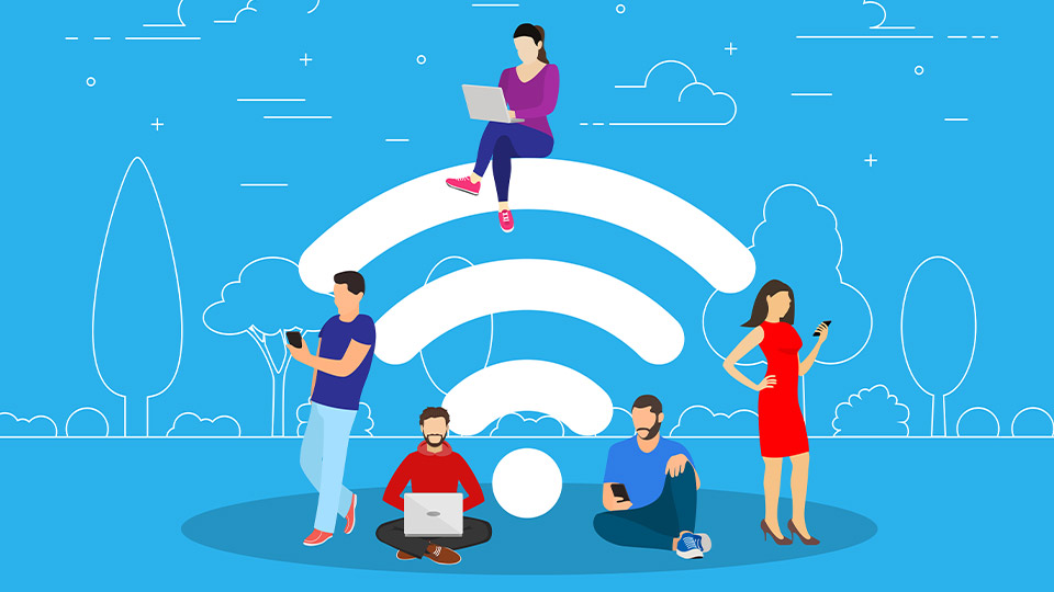 illustration of five people on various internet-connected devices
