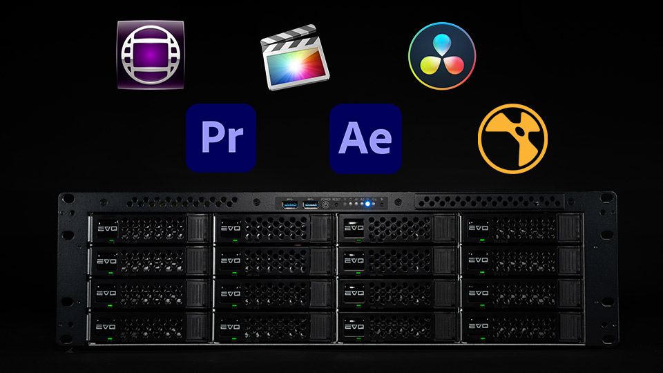 EVO shared storage server with 6 editing software logos.
