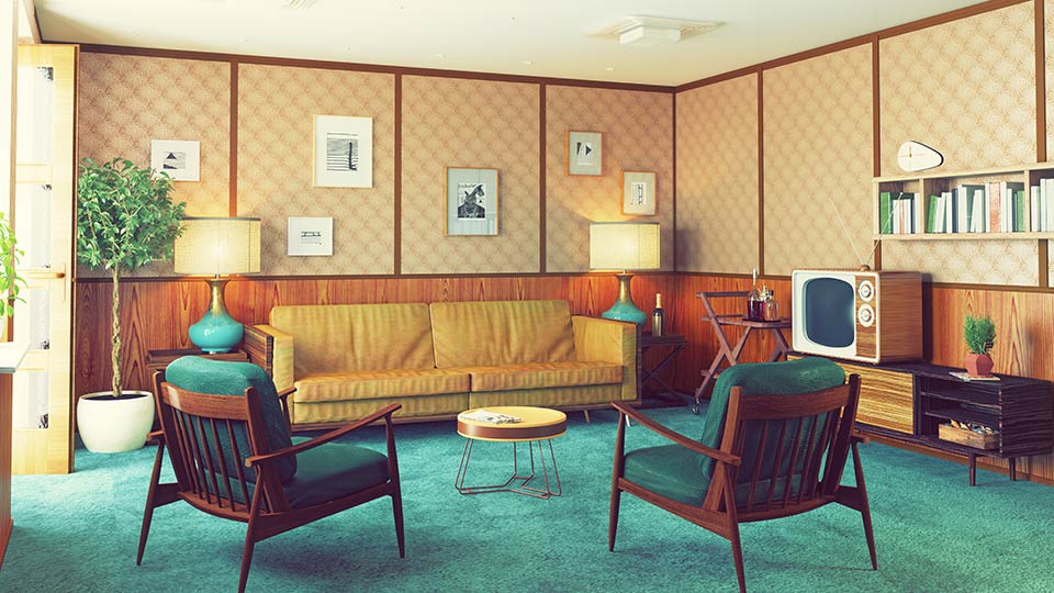 1960s living room with television set
