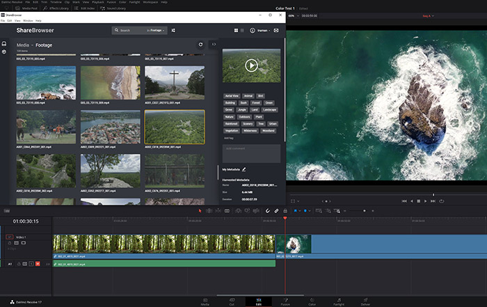 ShareBrowser media asset manager's workflow integration plugin for DaVinci Resolve video editing software