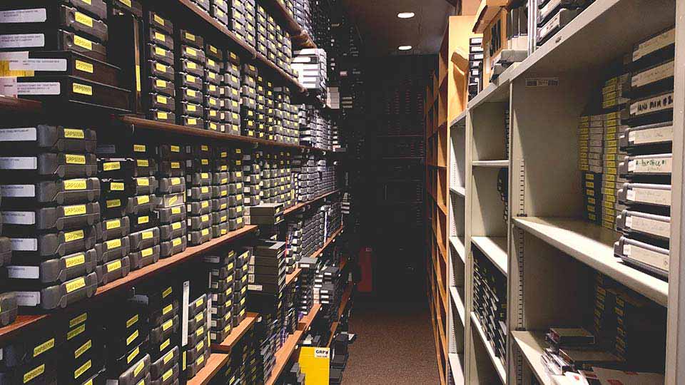 Shelves of LTO tapes