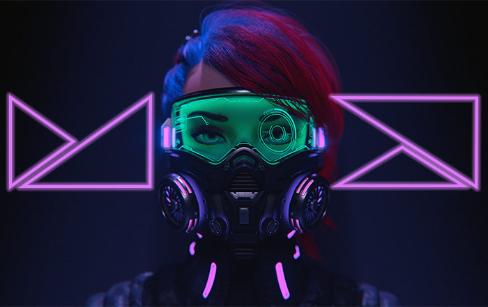 Woman wearing mask with Adobe MAX logo in neon