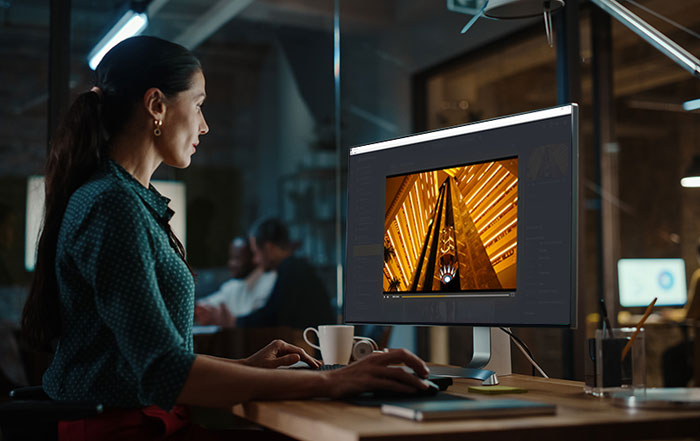 Woman with monitor previewing media in ShareBrowser