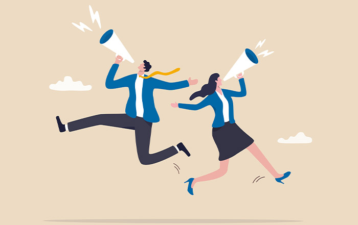 Illustration of man and woman making an announcement
