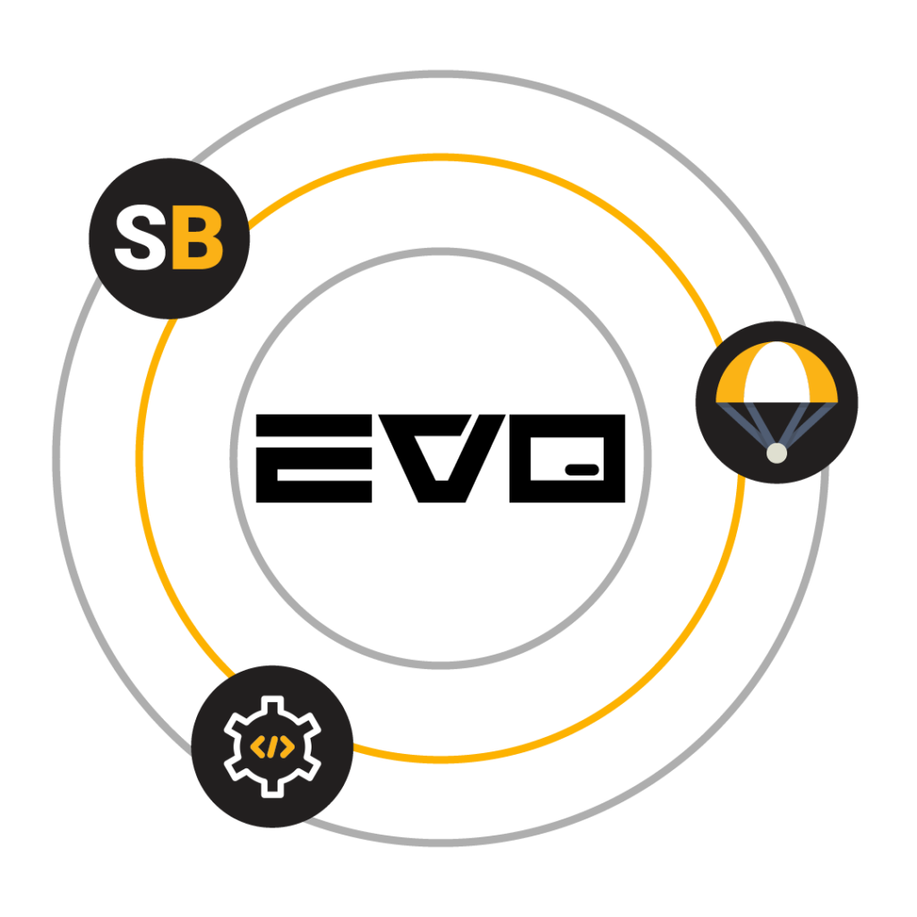 ShareBrowser Slingshot and Nomad icons around the EVO logo with concentric gray and yellow circles