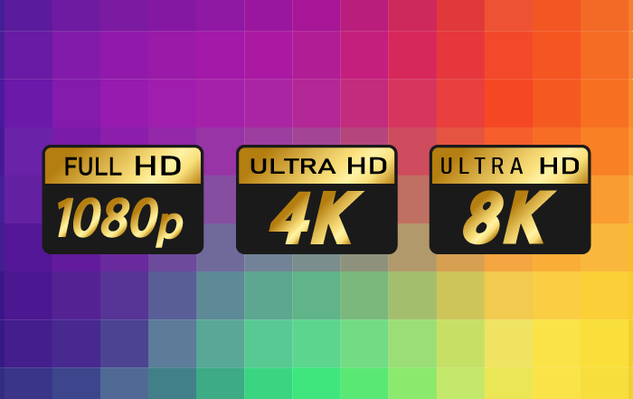 1080p Full HD, 4k Ultra HD, and 8K Ultra HD logos on rainbow pixels