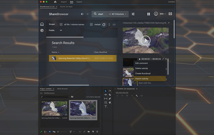 Screenshot of ShareBrowser panel in Adobe Premiere