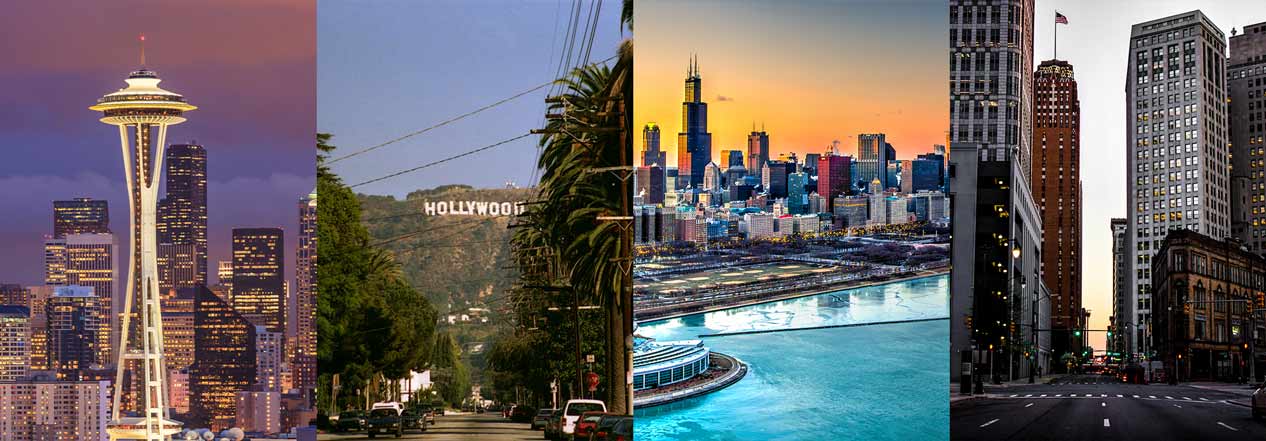 Seattle Space Needle, Hollywood, Chicago, Illinois, Detroit, Michigan